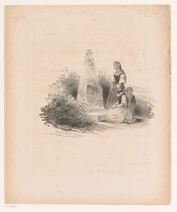 Twee jonge vrouwen en een kind bij een beeld van een vrouw