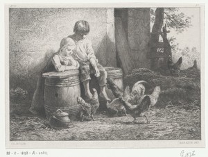 Twee kinderen voeren kippen