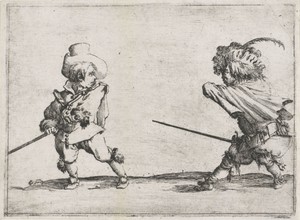 Twee kleine mensen (karikaturen) met zwaarden in gevecht