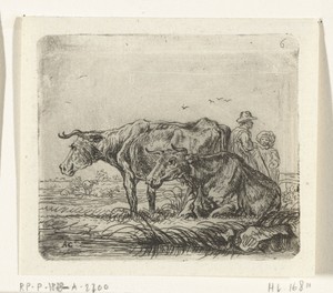 Twee koeien met een herder en een kind