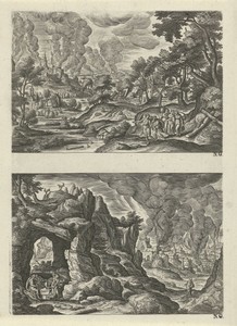 Twee landschappen met de vlucht van Lot uit Sodom