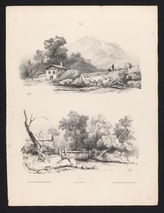 Twee landschappen met een huis aan het water
