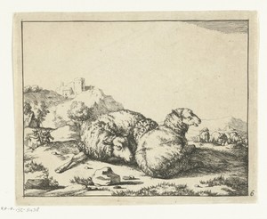 Twee liggende schapen, bergdorpje op achtergrond
