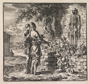Twee mannen bij een knekelhuis