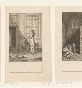 Twee mannen en een groep met ganzen voor een huis