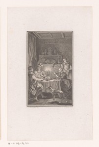 Twee mannen en een kale vrouw met schedel aan een door kaarsen verlichte tafel