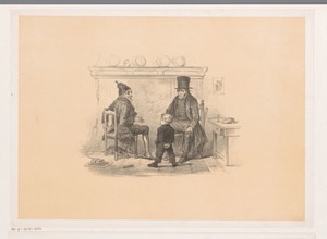 Twee mannen en jongen bij een open haard