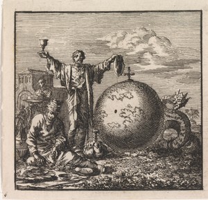 Twee mannen genieten van drank en voedsel terwijl Satan vanachter de wereldbol toekijkt