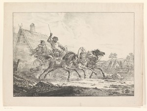 Twee mannen in een rijtuig met drie paarden