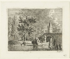 Twee mannen in een roeiboot vlak achter een stenen brug