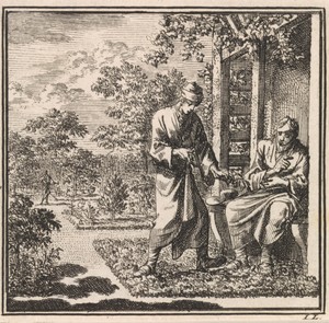 Twee mannen in een tuin bij een prieeltje