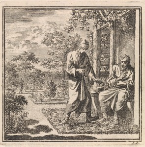 Twee mannen in een tuin bij een prieeltje