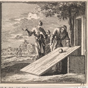 Twee mannen laten een bal over een plank naar beneden rollen