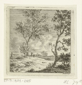 Twee mannen met stokken in een landschap