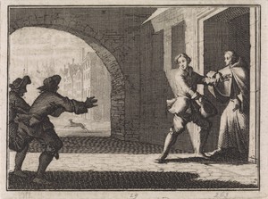 Twee mannen proberen een jongen ervan te weerhouden in het klooster te treden