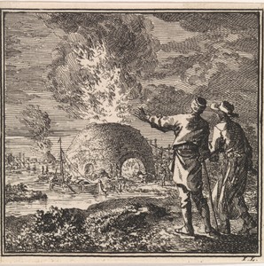 Twee mannen wijzen op een brandende kalkoven