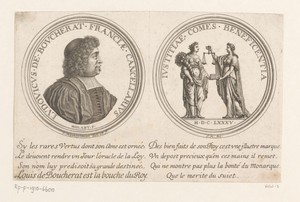 Twee medailles met links het portret van Louis Boucherat en rechts de personificaties van weldaad en gerechtigheid