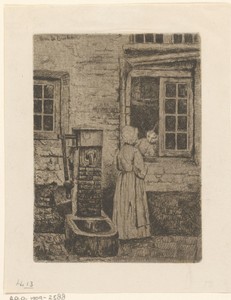Twee meisjes bij een venster en een waterpomp
