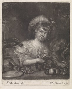 Twee meisjes met bloemen, vruchten en een papegaai
