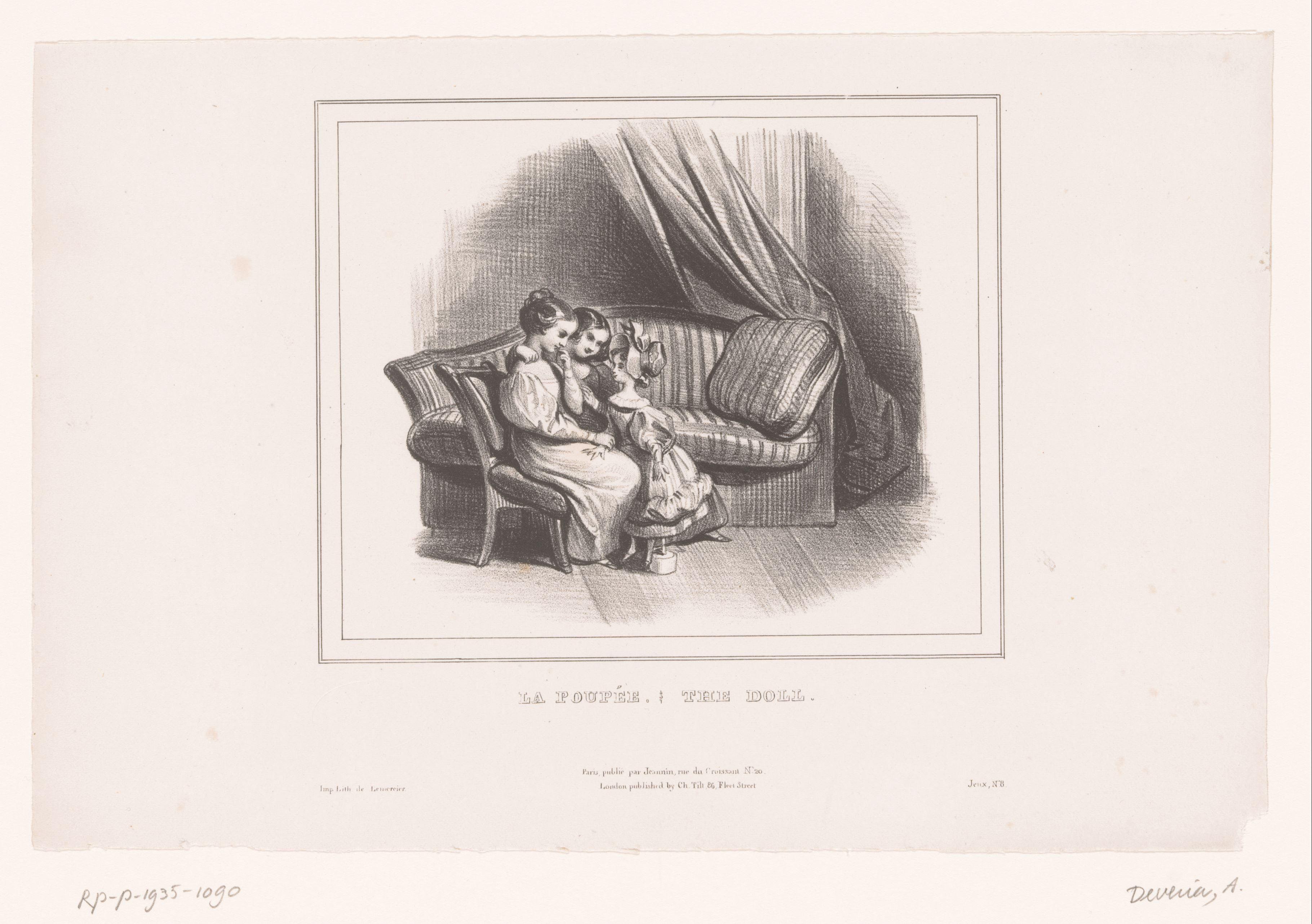 Twee meisjes spelen met een pop by Achille Devéria