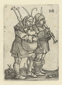 Twee muzikanten met schalmey en doedelzak