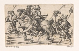 Twee officieren te paard en drie voetsoldaten