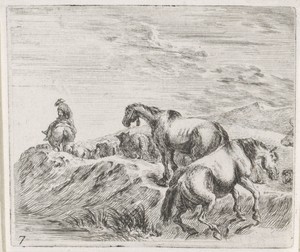 Twee paarden achter een groep schapen met herder een heuvel op klimmend