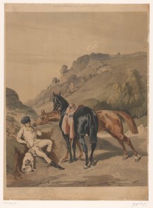 Twee paarden met rustende ruiter in een landschap