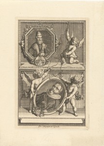 Twee portretten van Johan en Christian Friss, kanseliers van Denemarken, worden op een sokkel geplaatst door drie putti