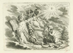 Twee putti bij gehelmd wapenschild