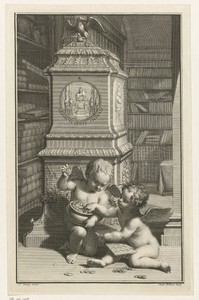 Twee putti in een bibliotheek