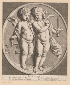 Twee putti met attributen van Justitia