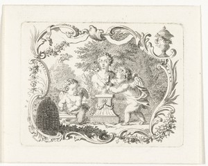 Twee putti met buste van Pan en bijenkorf in cartouche