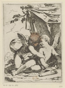 Twee putti onder een tentdoek