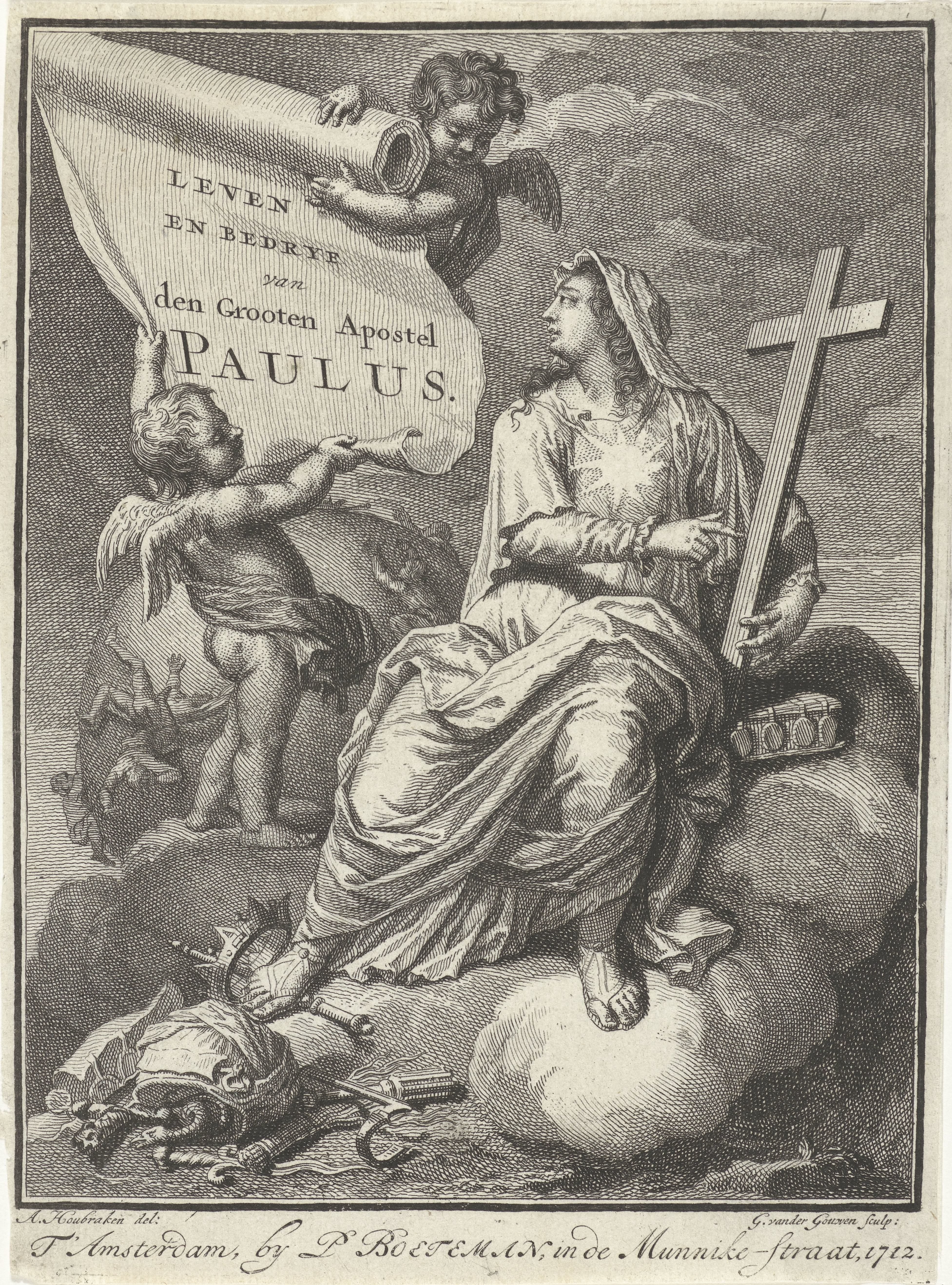Twee putti tonen Geloof een banderol by Gilliam van der Gouwen