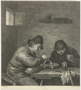 Twee rokende boeren aan een tafel