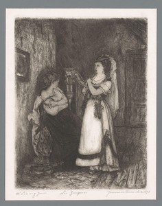 Twee Romavrouwen in een vertrek met een harp