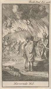 Twee Romeinse schrijvers praten met een duivel in de hel