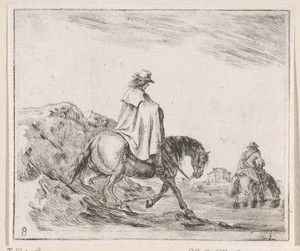 Twee ruiters steken te paard een rivier over