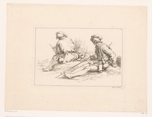 Twee rustende figuren in een landschap