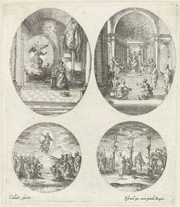 Twee scènes uit het leven van Maria en twee Passiescènes: Annunciatie, De twaalfjarige Christus in de tempel, Hemelvaart, Kruisiging
