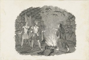 Twee soldaten in de hut van een alchemist