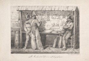 Twee soldaten voor een kraam met lithografieën