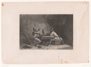Twee soldaten zitten in een grot te drinken