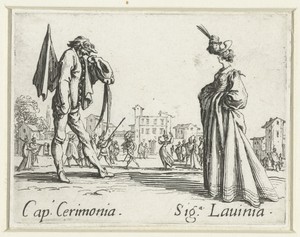 Twee straatartiesten als Capitano Cerimonia en Signora Lavinia
