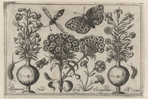 Twee vazen met bloemen, vlinder en rupsen