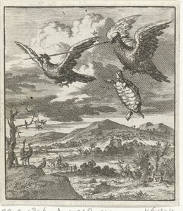 Twee vogels dragen samen al vliegend een stok waar een schildpad zich aan vasthield