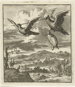 Twee vogels dragen samen al vliegend een stok waar een schildpad zich aan vasthield