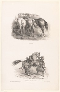Twee voorstellingen met een stal met drie paarden en het paard van de Sultan