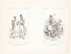 Twee voorstellingen met infanteristen van de Keizerlijke Garde en koning Clovis te paard